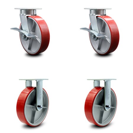 Service Caster 8 Inch Kingpinless Red Poly on Steel Wheel Caster Brakes 2 Rigid SCC, 2PK SCC-KP30S820-PUR-RS-SLB-2-R-2